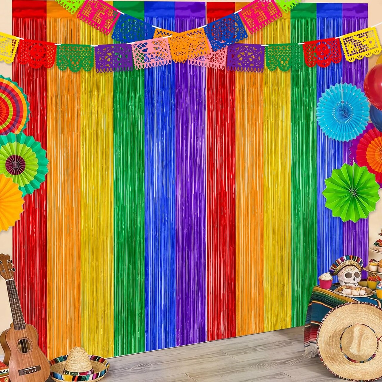 Cinco de Mayo Foil Fringe Curtain Backdrop Set – Rainbow Fiesta Party Decorations with Banner for Mexican Theme Parties, Wedding, Engagement & Photo Booth Decor